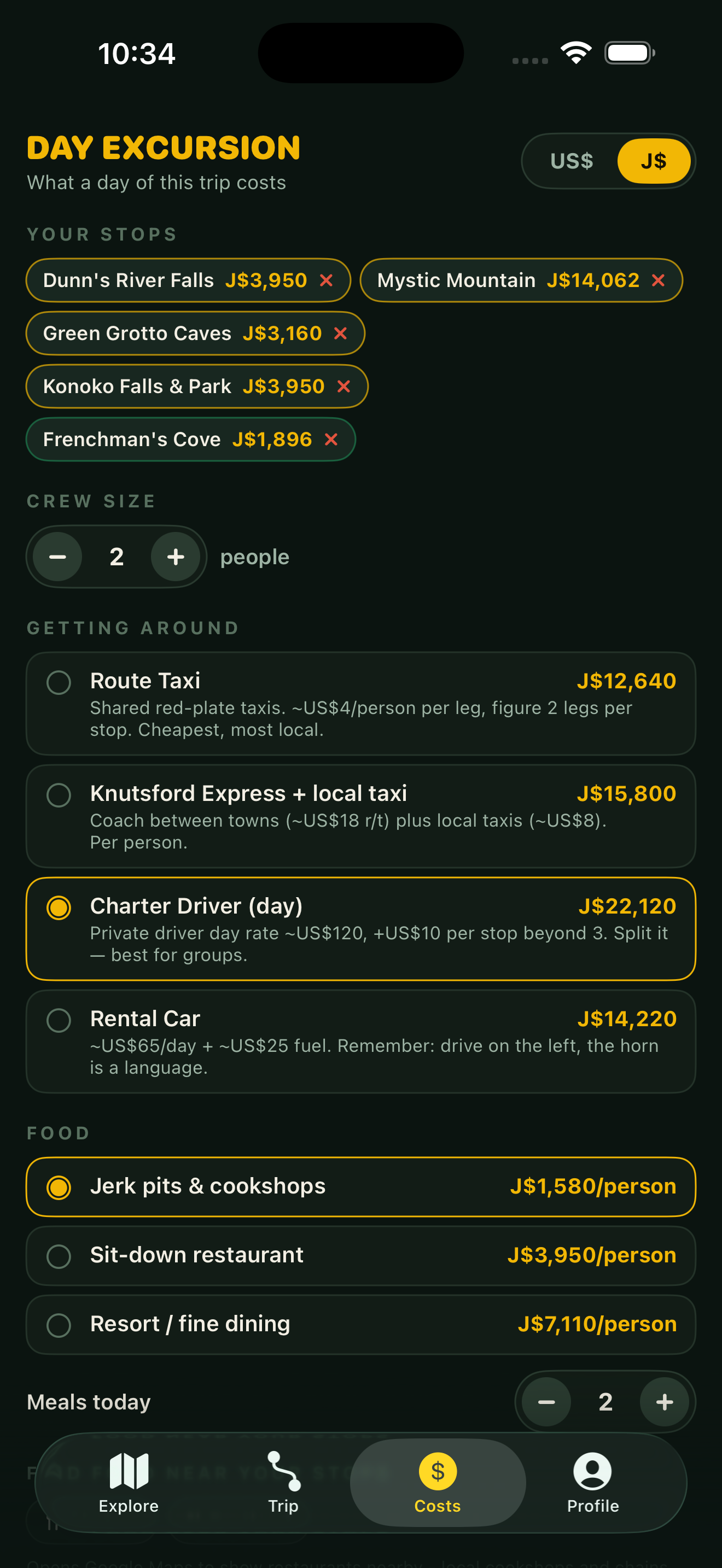 Yaad Routes Costs screen showing stops, crew size, transport options, and meal choices