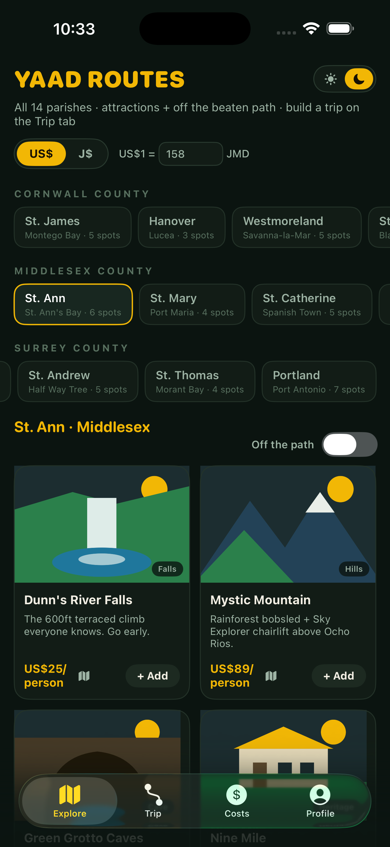 Yaad Routes Explore screen listing Jamaican parishes by county with attraction cards