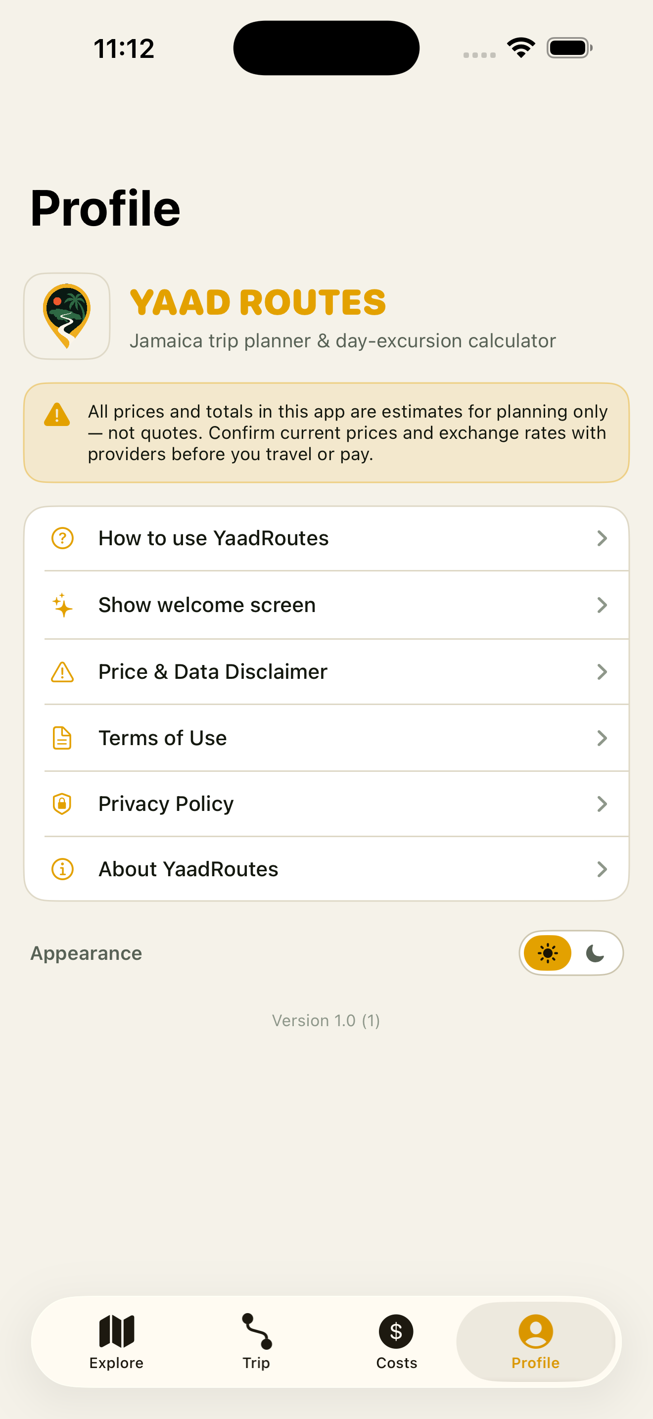 Yaad Routes Profile screen with the app logo, a price disclaimer, settings list, and a light or dark appearance toggle