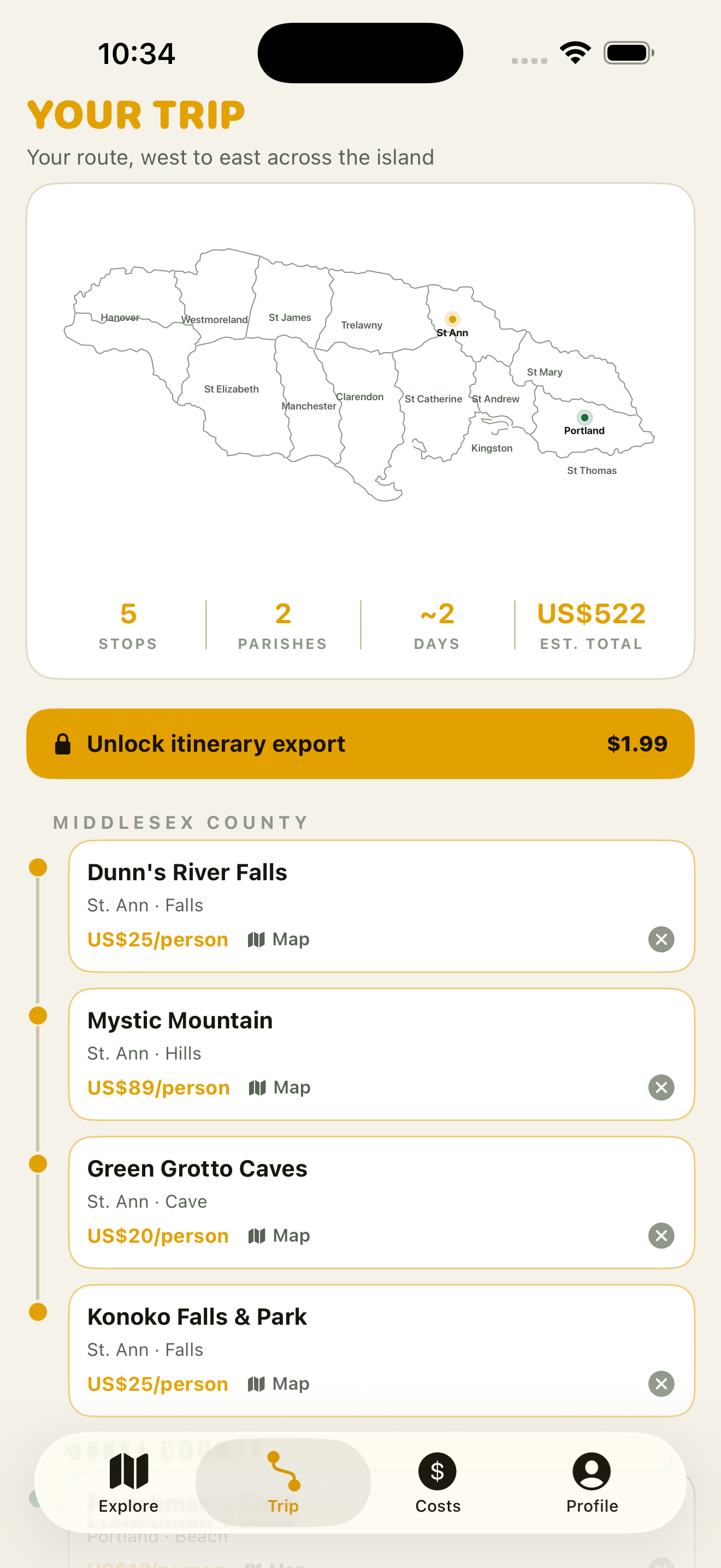 Yaad Routes Trip screen showing a route across Jamaica with stops, parish stats, and an estimated US$522 total